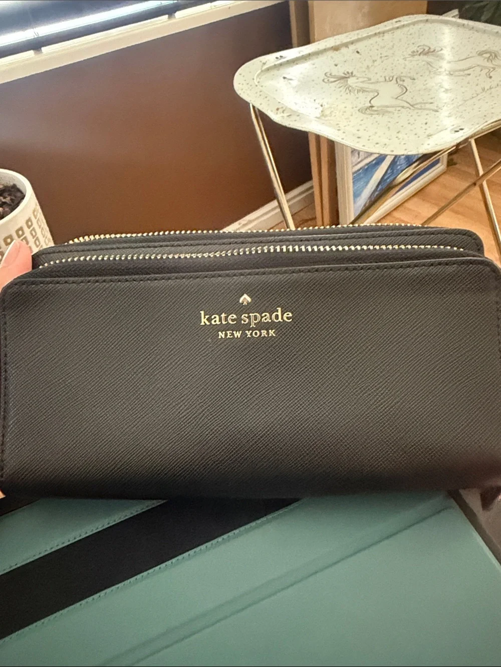 kate spade Black Saffiano Zip Wallet with Gold Logo Plaque